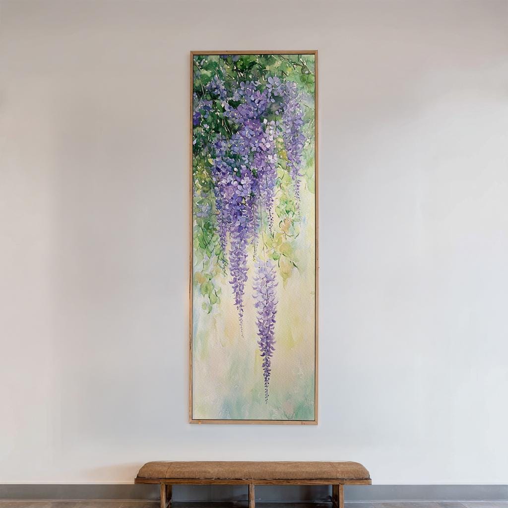 Wisteria Cascading Canvas Art | Loose Watercolor Print | Bohemian Wall Art For Living Room | Lavender Mist Art Long Vertical Art