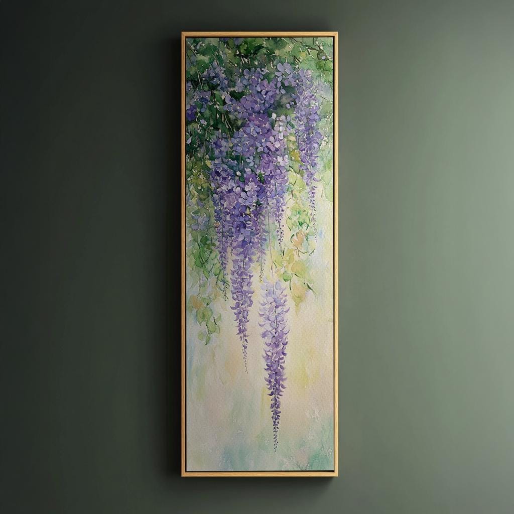 Wisteria Cascading Canvas Art | Loose Watercolor Print | Bohemian Wall Art For Living Room | Lavender Mist Art Long Vertical Art