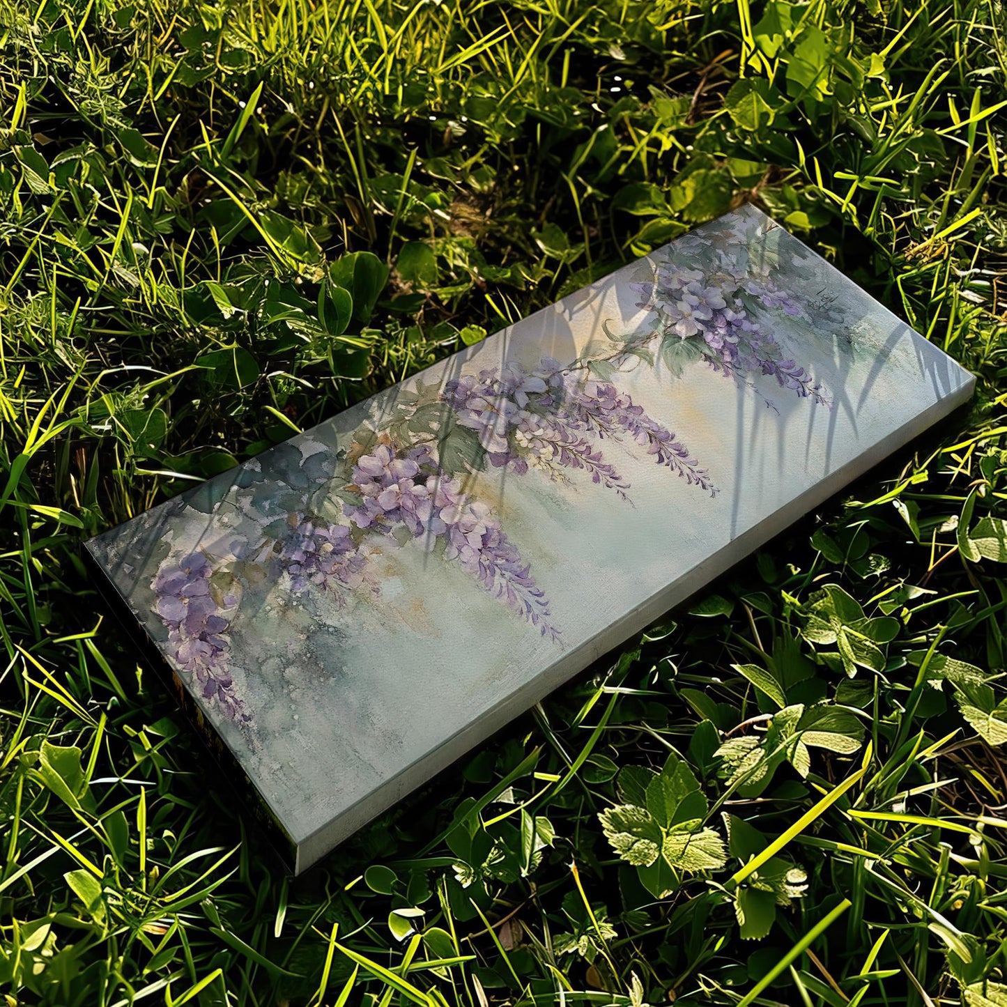 Wisteria Blossom Canvas Art | Impressionistic Watercolor Print | Bohemian Wall Art For Living Room | Celadon Green Art Panoramic Wall Art