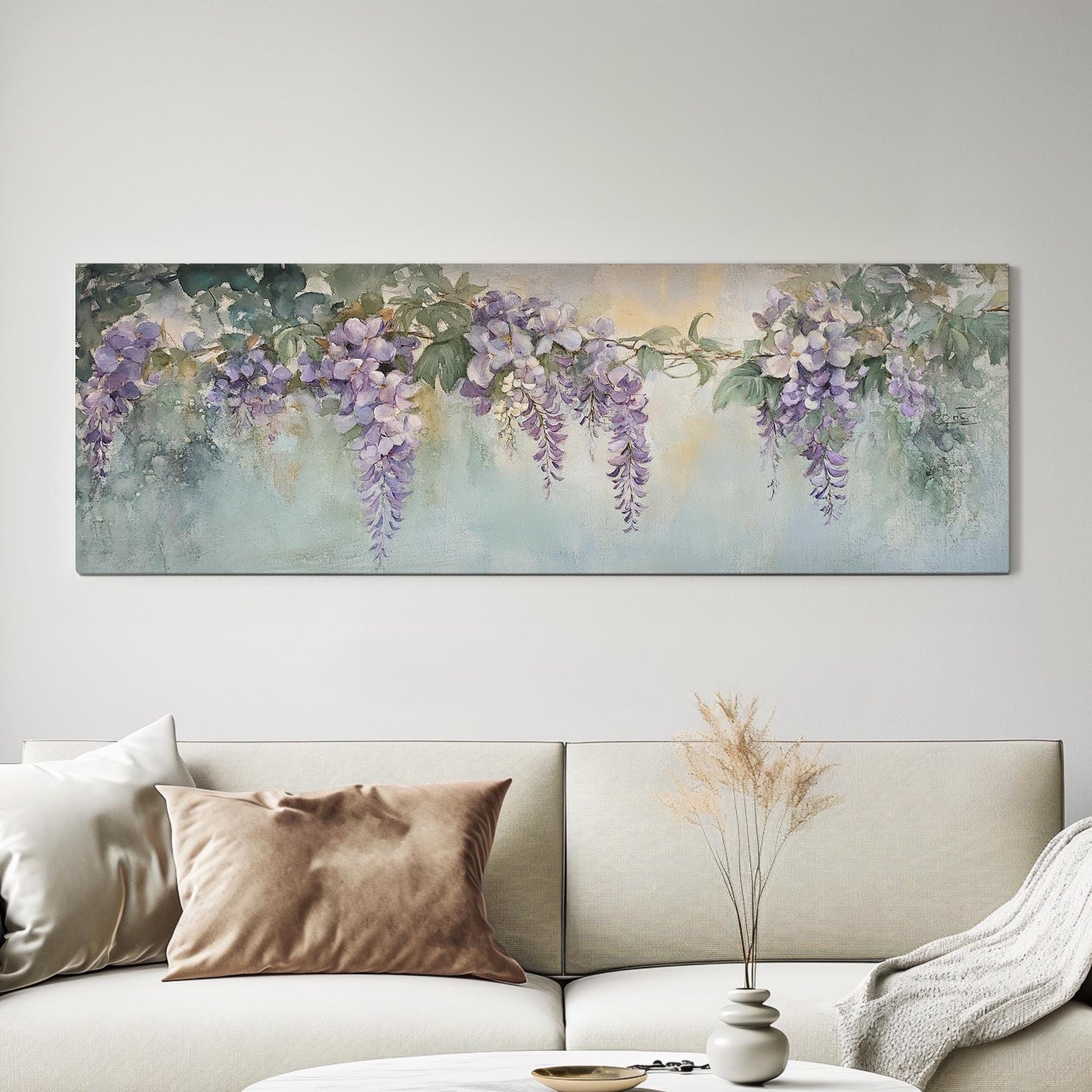 Wisteria Blossom Canvas Art | Impressionistic Watercolor Print | Bohemian Wall Art For Living Room | Celadon Green Art Panoramic Wall Art
