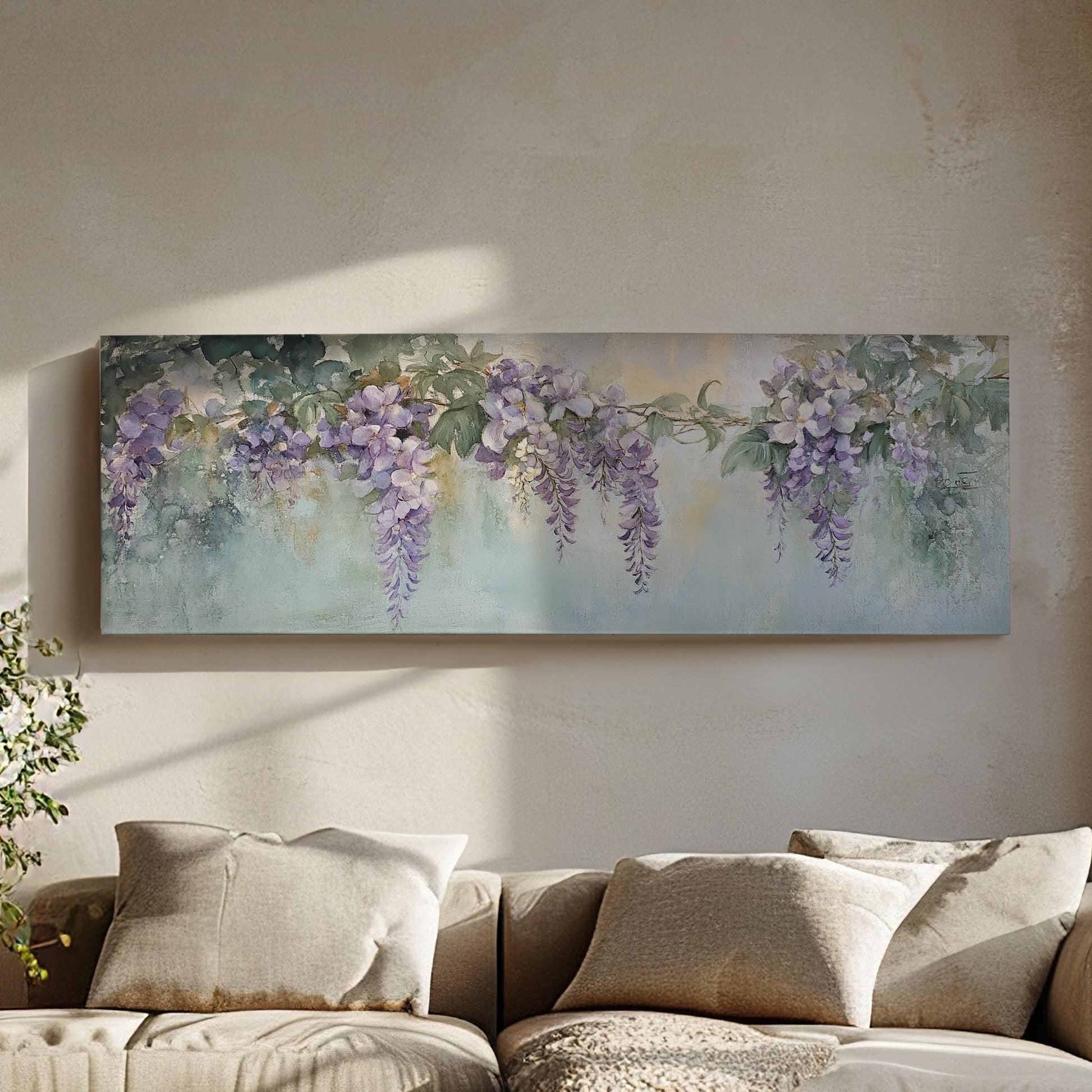 Wisteria Blossom Canvas Art | Impressionistic Watercolor Print | Bohemian Wall Art For Living Room | Celadon Green Art Panoramic Wall Art