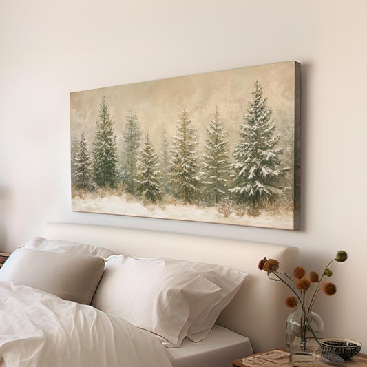 Winter Pines Canvas Art | Impasto Print | Tranquil Zen Wall Art For Living Room | Silverleaf Sage Art Horizontal Art