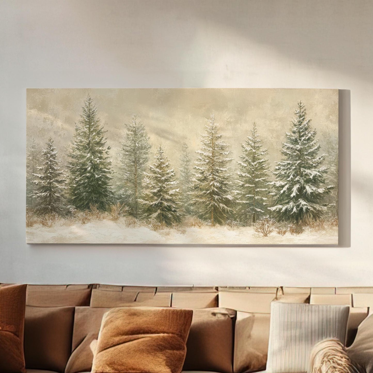 Winter Pines Canvas Art | Impasto Print | Tranquil Zen Wall Art For Living Room | Silverleaf Sage Art Horizontal Art