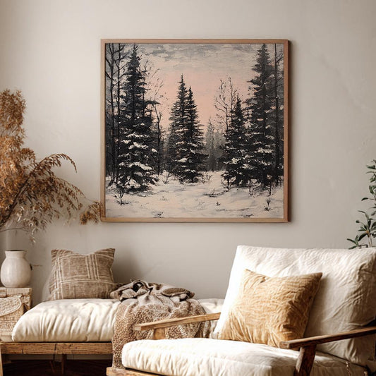 Winter Pines Canvas Art | Impasto Print | Scandinavian Wall Art For Living Room | Blush Pink Charcoal Art Square Canvas Art