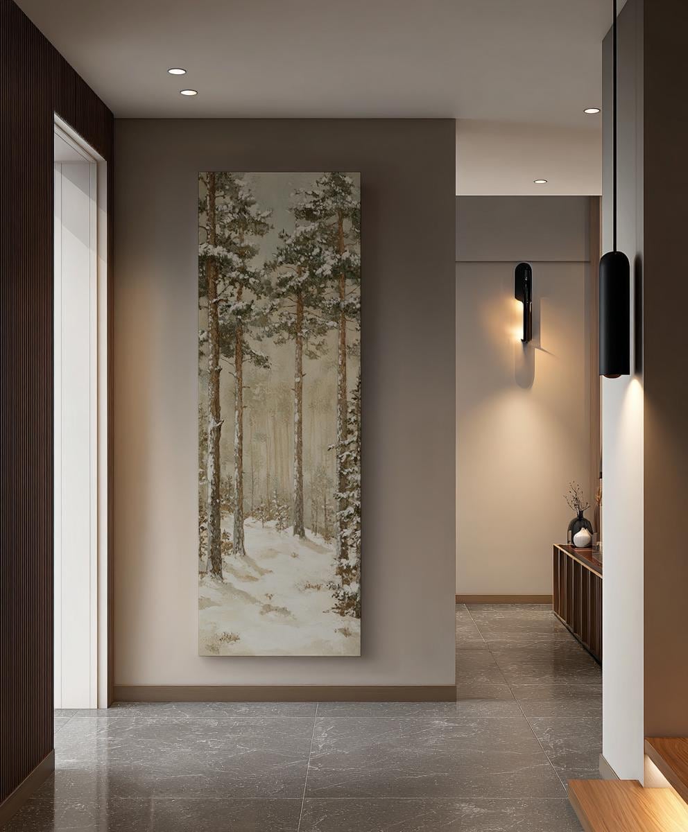 Winter Pines Canvas Art | Impasto Print | Minimalist Wall Art For Living Room | Creamy Ivory Art | Scandinavian Decor Long Vertical Art