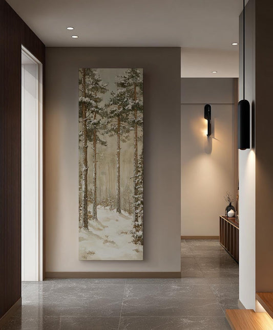 Winter Pines Canvas Art | Impasto Print | Minimalist Wall Art For Living Room | Creamy Ivory Art | Scandinavian Decor Long Vertical Art