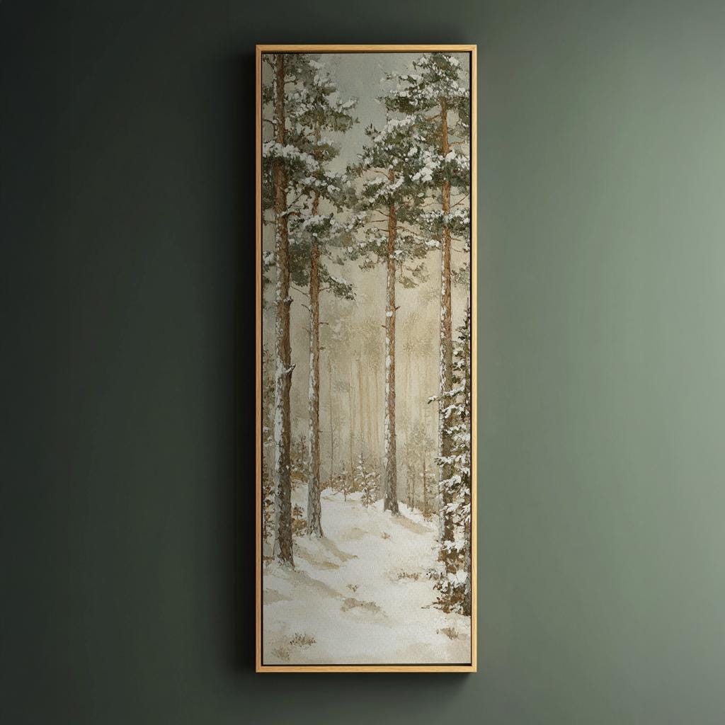 Winter Pines Canvas Art | Impasto Print | Minimalist Wall Art For Living Room | Creamy Ivory Art | Scandinavian Decor Long Vertical Art