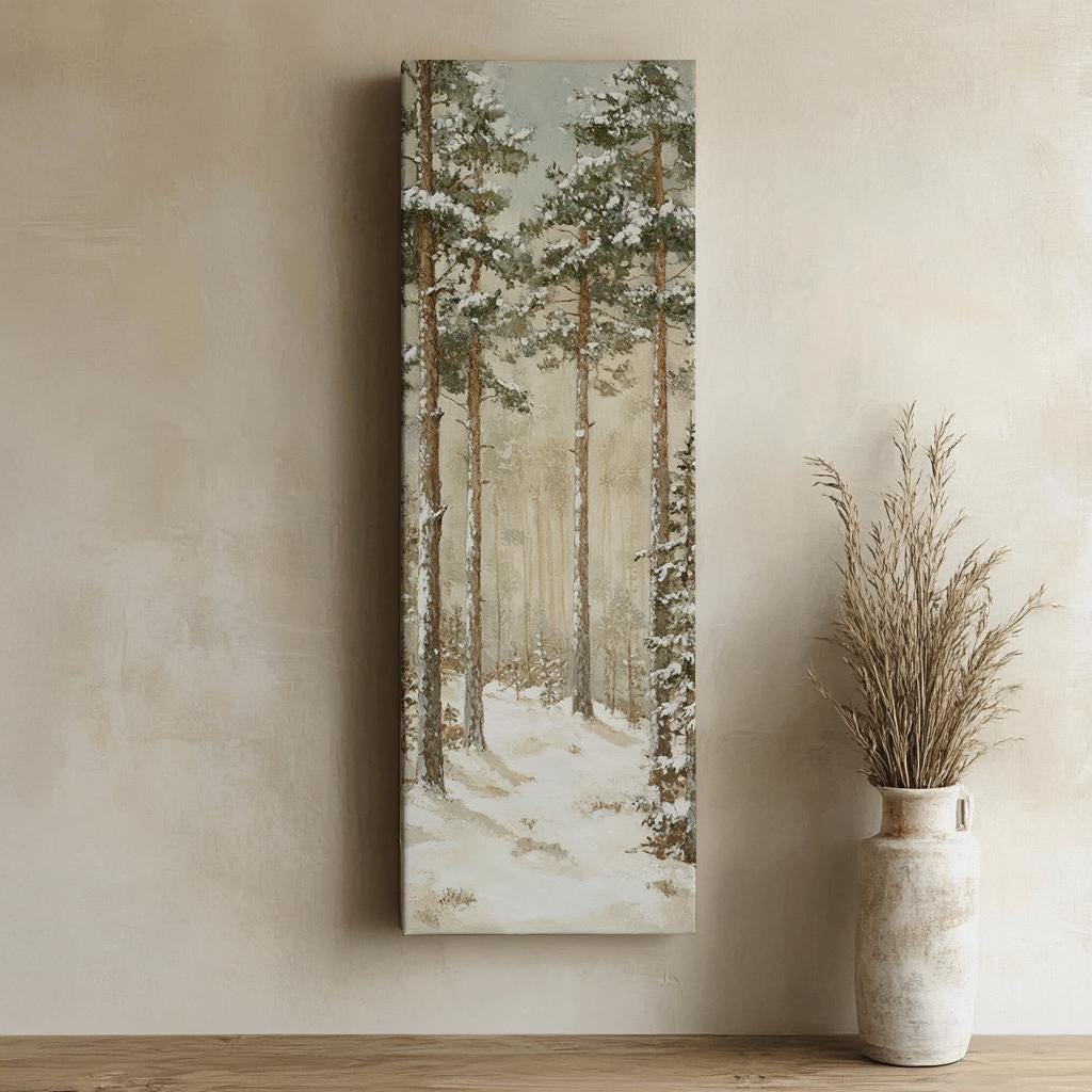 Winter Pines Canvas Art | Impasto Print | Minimalist Wall Art For Living Room | Creamy Ivory Art | Scandinavian Decor Long Vertical Art