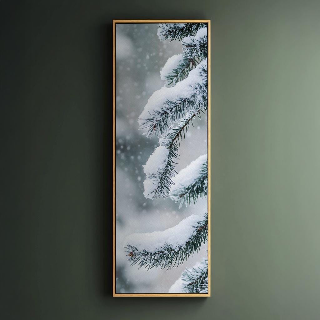 Winter Pines Canvas Art | Frosted Needle Print | Scandi Bohemian Wall Art For Living Room | Powder Blue Winter White Art Long Vertical Art