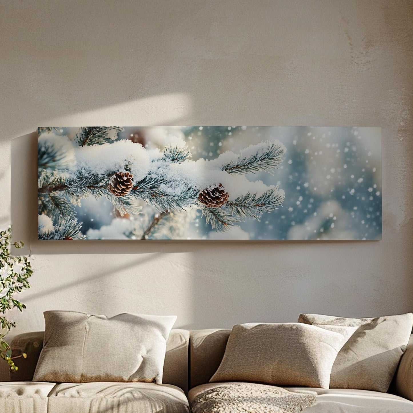 Winter Pine Cone Canvas Art | Frosted Needles Print | Scandinavian Wall Art For Living Room | Powder Blue Art Panoramic Wall Art