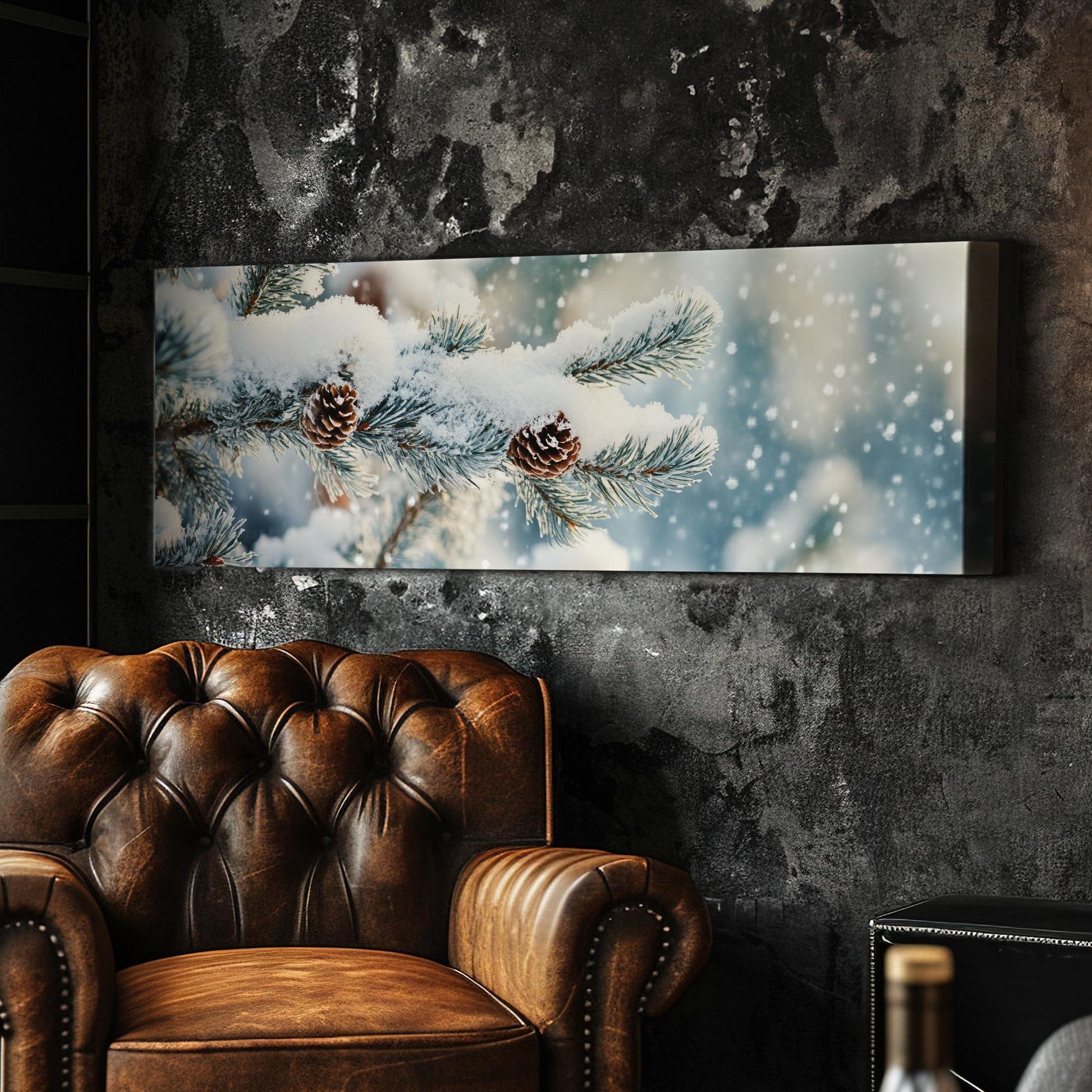 Winter Pine Cone Canvas Art | Frosted Needles Print | Scandinavian Wall Art For Living Room | Powder Blue Art Panoramic Wall Art