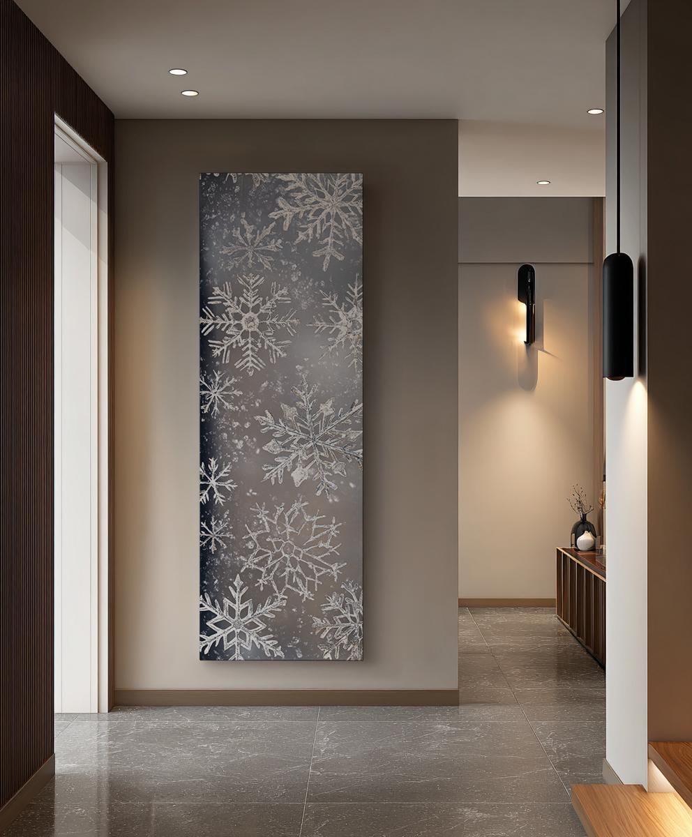 Winter Frost Snowflake Canvas Art | Watercolor Effect Print | Bohemian Wall Art For Living Room | Silver Gray Icy Art Long Vertical Art