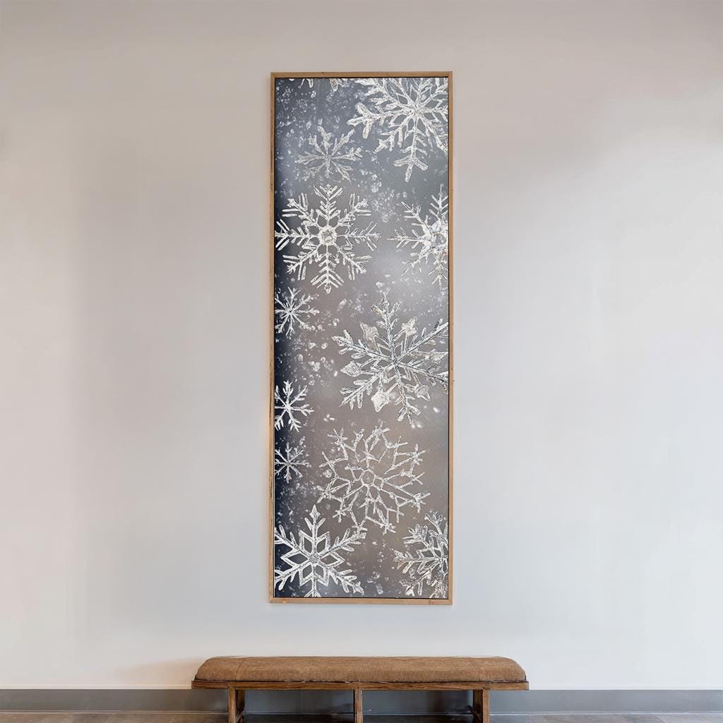 Winter Frost Snowflake Canvas Art | Watercolor Effect Print | Bohemian Wall Art For Living Room | Silver Gray Icy Art Long Vertical Art