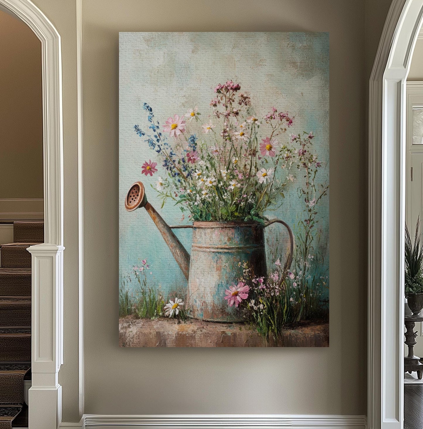 Wildflower Watering Can Canvas Art | Impasto Floral Print | Bohemian Wall Art For Living Room | Seafoam Green Art Vertical Canvas
