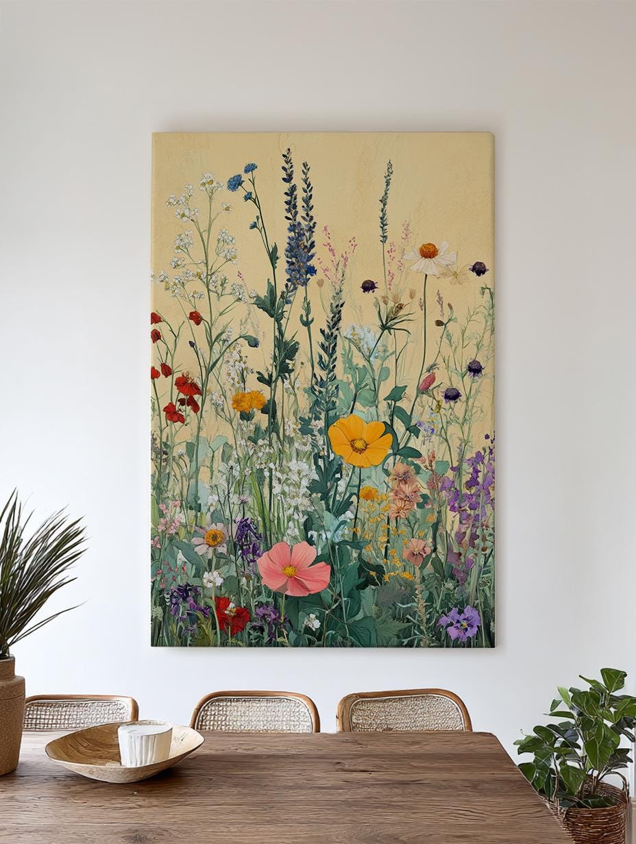 Wildflower Meadow Canvas Art | Impressionist Botanical Print | Bohemian Wall Art For Living Room | Blush Goldenrod Art Vertical Canvas