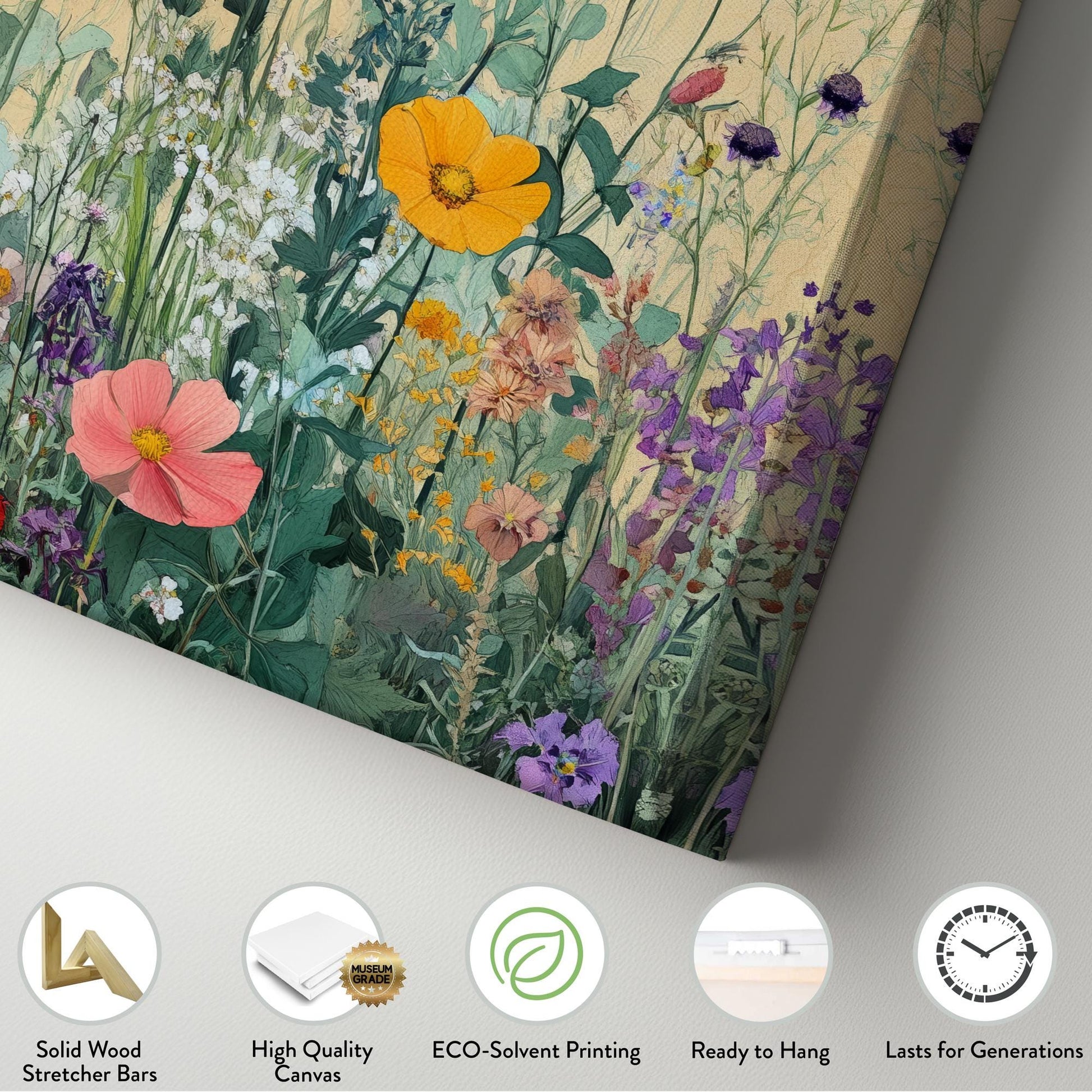 Wildflower Meadow Canvas Art | Impressionist Botanical Print | Bohemian Wall Art For Living Room | Blush Goldenrod Art Vertical Canvas