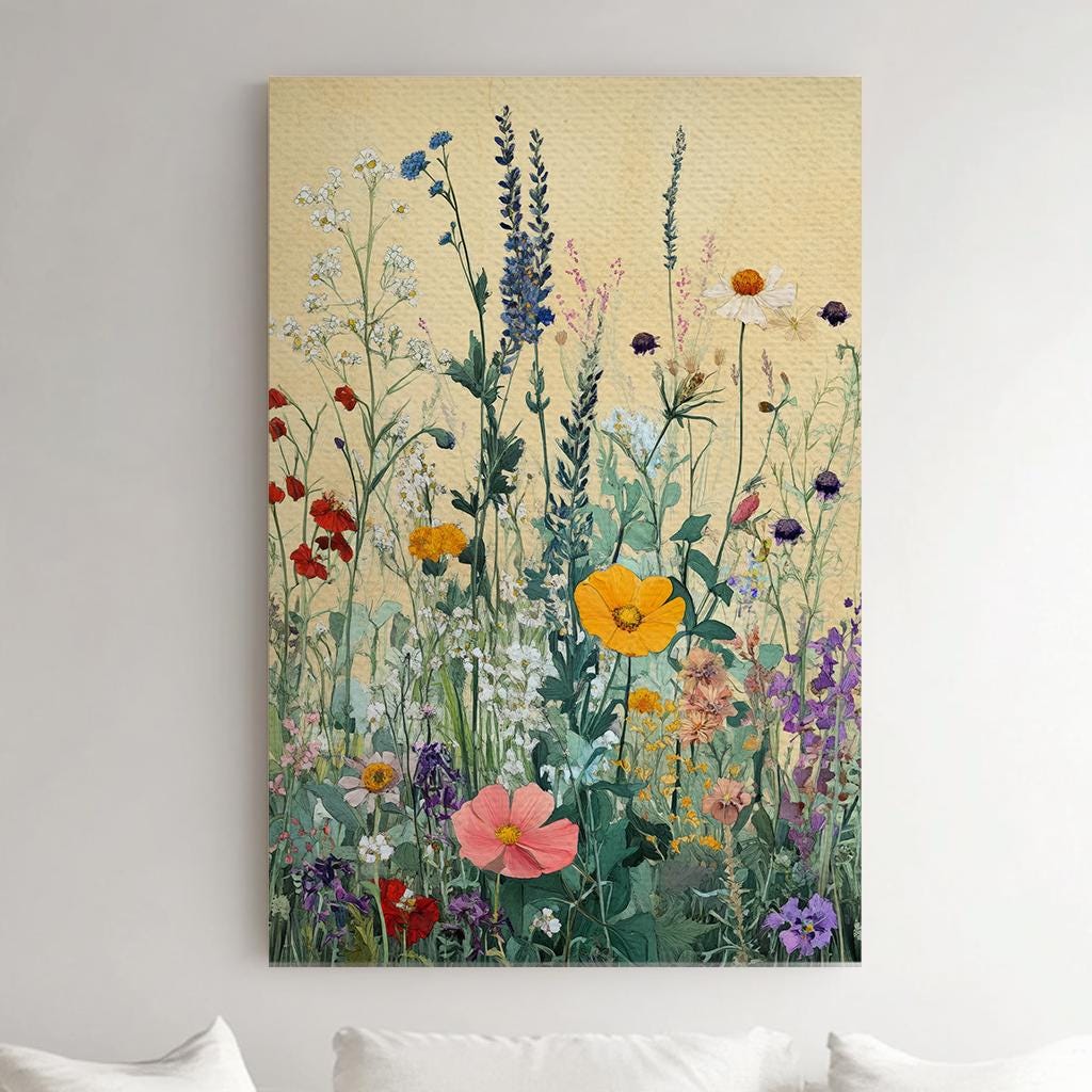 Wildflower Meadow Canvas Art | Impressionist Botanical Print | Bohemian Wall Art For Living Room | Blush Goldenrod Art Vertical Canvas
