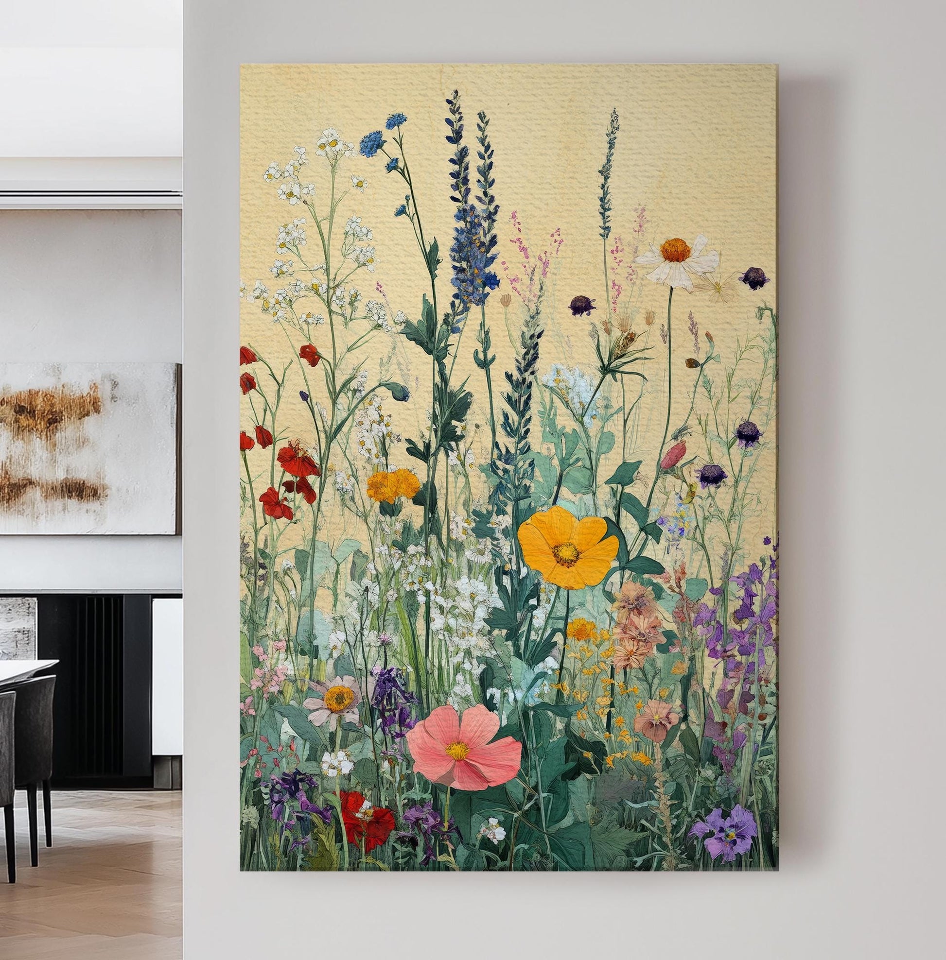 Wildflower Meadow Canvas Art | Impressionist Botanical Print | Bohemian Wall Art For Living Room | Blush Goldenrod Art Vertical Canvas