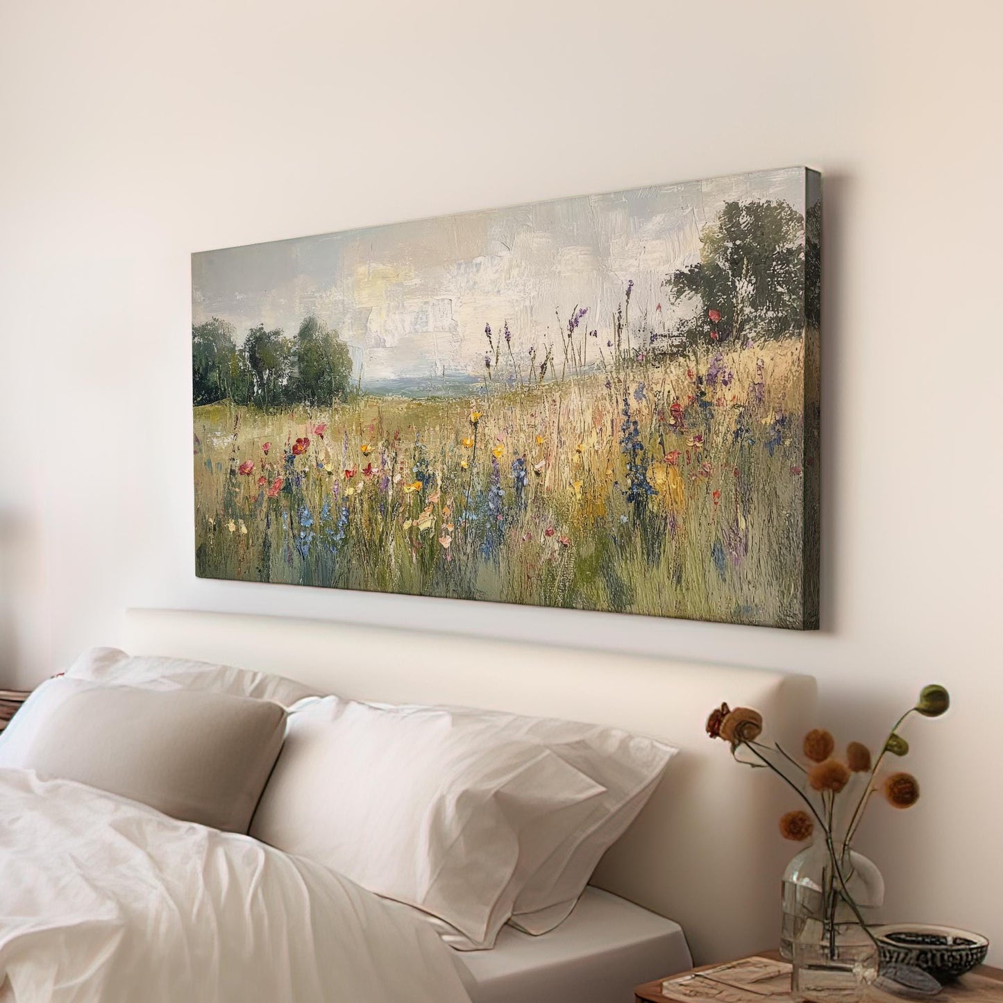 Wildflower Meadow Canvas Art | Impasto Impressionism Print | Tranquil Farmhouse Wall Art For Living Room | Earthy Oatmilk Art Horizontal Art