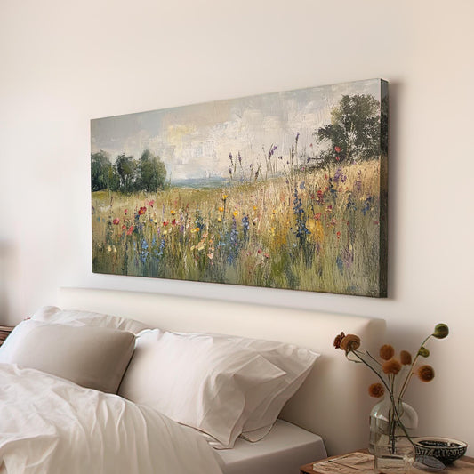 Wildflower Meadow Canvas Art | Impasto Impressionism Print | Tranquil Farmhouse Wall Art For Living Room | Earthy Oatmilk Art Horizontal Art