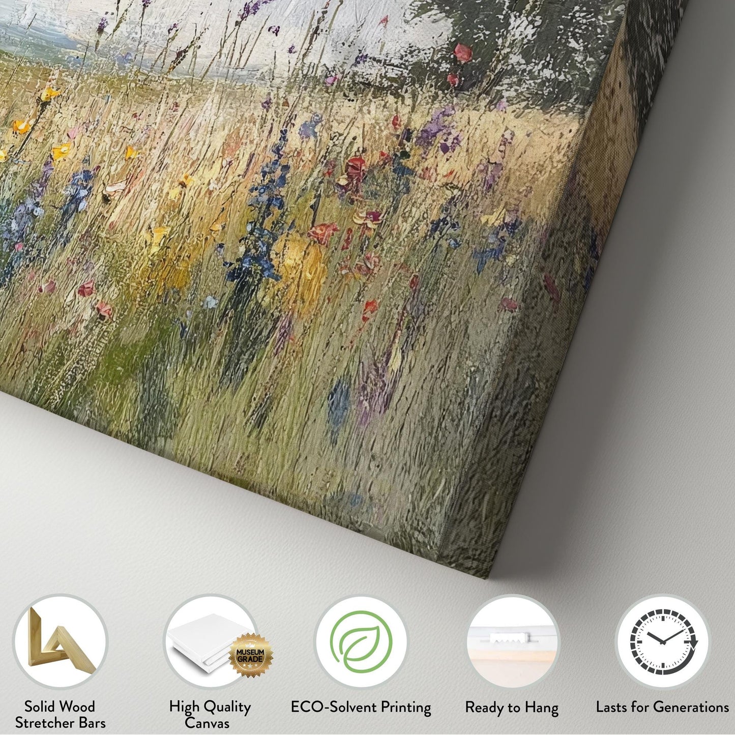 Wildflower Meadow Canvas Art | Impasto Impressionism Print | Tranquil Farmhouse Wall Art For Living Room | Earthy Oatmilk Art Horizontal Art