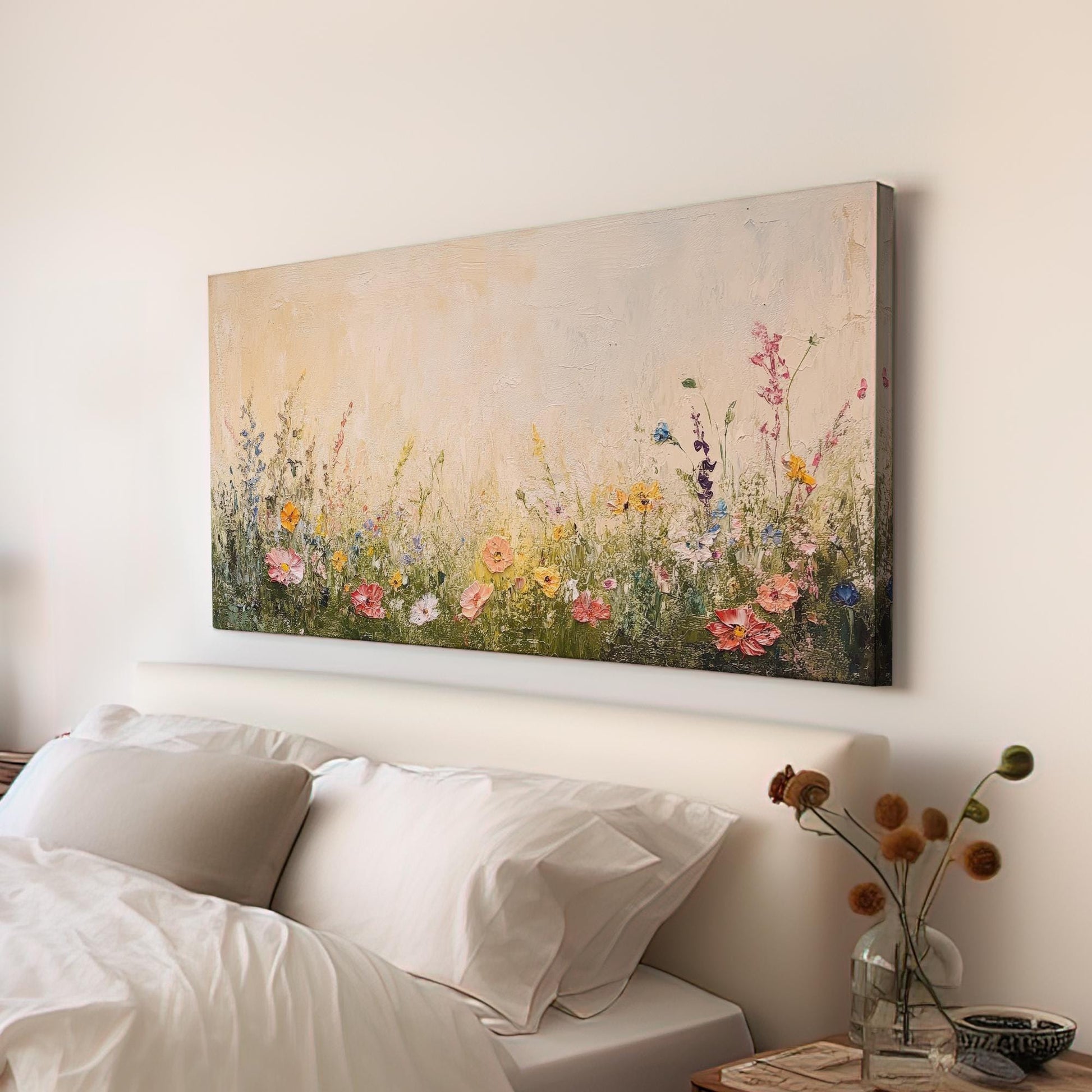 Wildflower Meadow Canvas Art | Impasto Floral Print | Bohemian Wall Art For Living Room | Creamy Beige Art Horizontal Art
