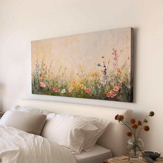 Wildflower Meadow Canvas Art | Impasto Floral Print | Bohemian Wall Art For Living Room | Creamy Beige Art Horizontal Art