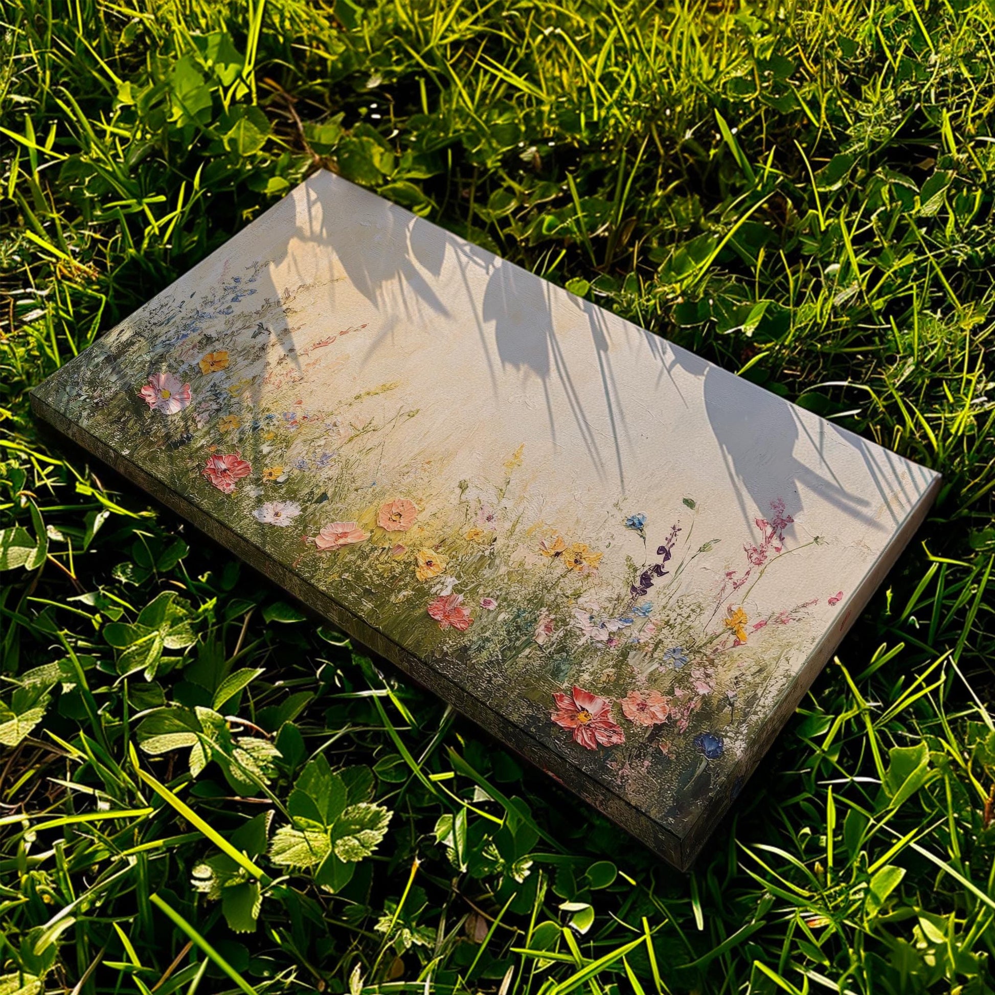 Wildflower Meadow Canvas Art | Impasto Floral Print | Bohemian Wall Art For Living Room | Creamy Beige Art Horizontal Art