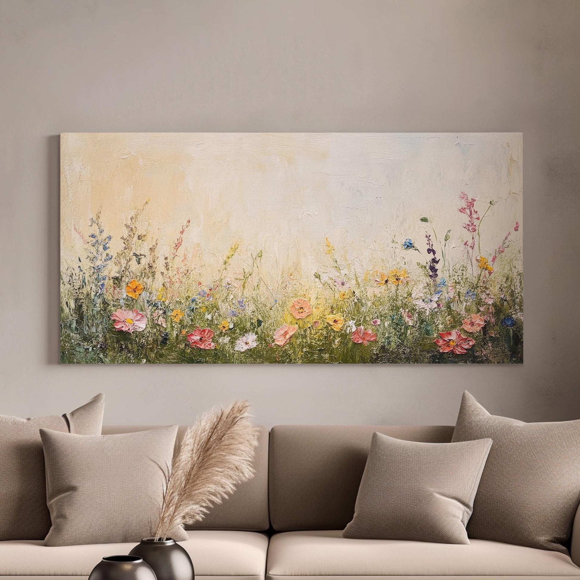 Wildflower Meadow Canvas Art | Impasto Floral Print | Bohemian Wall Art For Living Room | Creamy Beige Art Horizontal Art