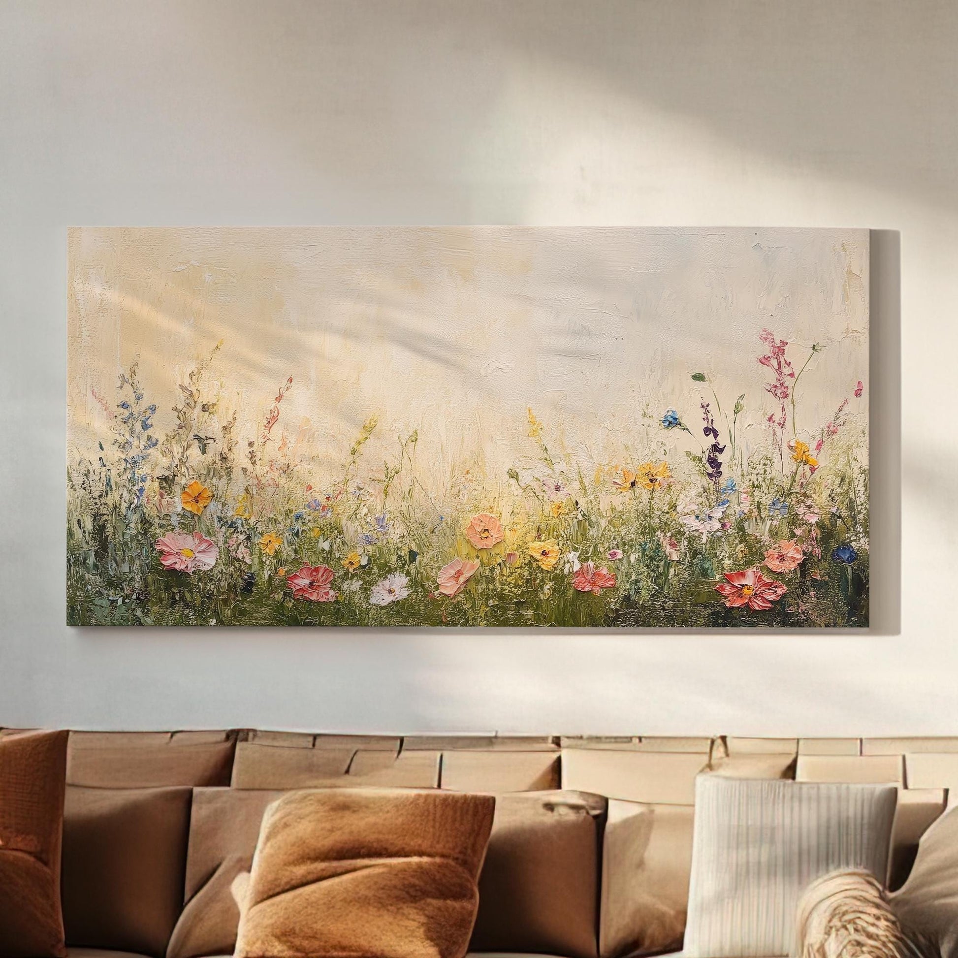 Wildflower Meadow Canvas Art | Impasto Floral Print | Bohemian Wall Art For Living Room | Creamy Beige Art Horizontal Art