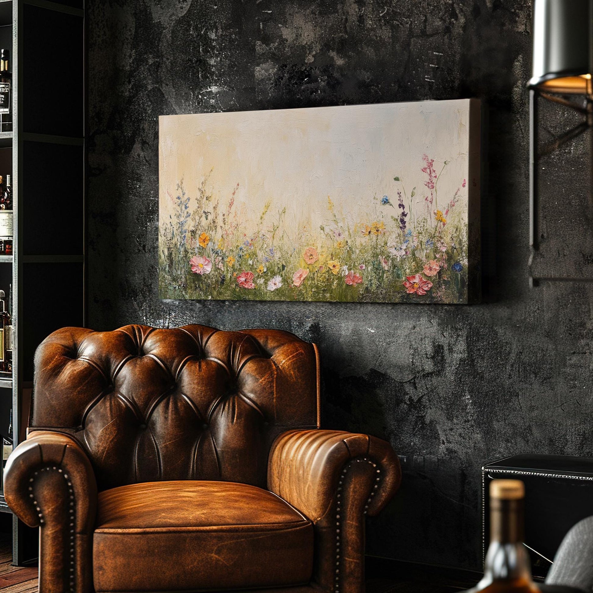 Wildflower Meadow Canvas Art | Impasto Floral Print | Bohemian Wall Art For Living Room | Creamy Beige Art Horizontal Art