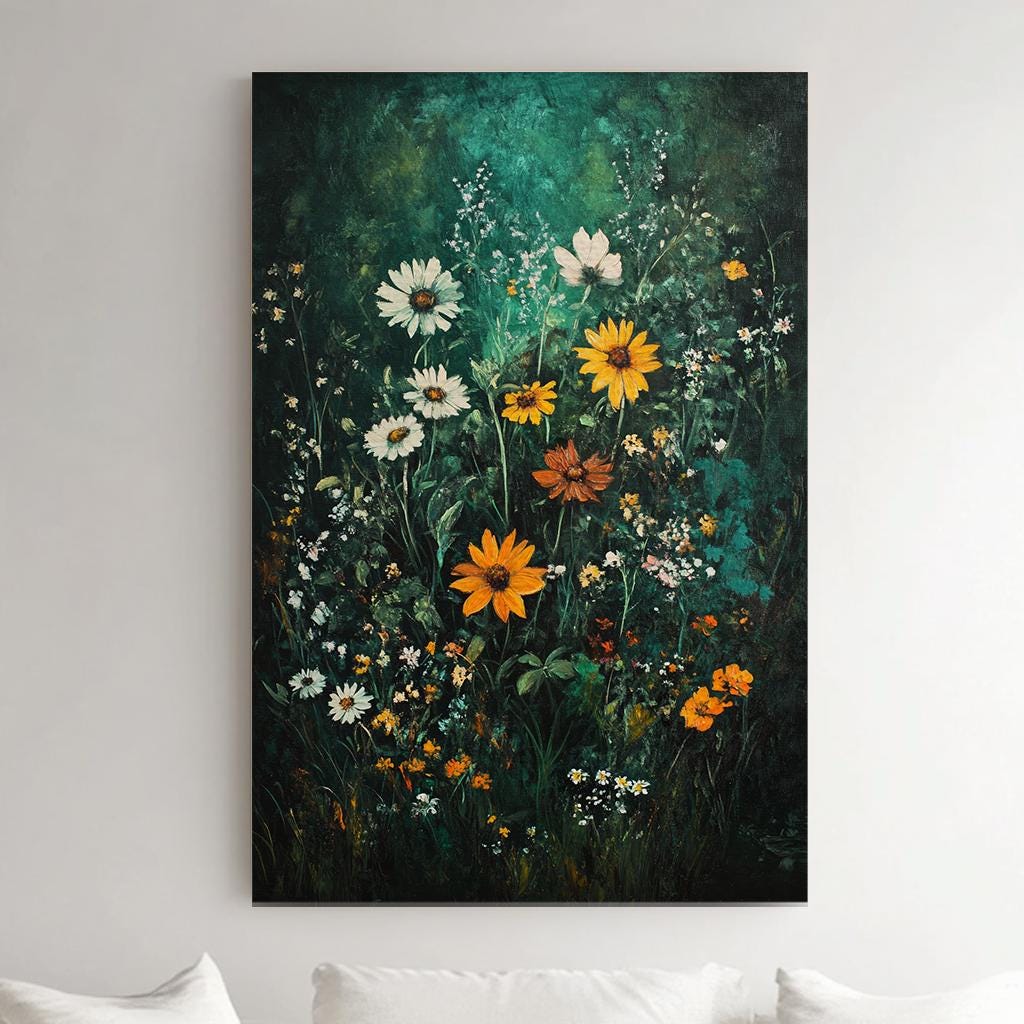 Wildflower Meadow Canvas Art | Impasto Floral Print | Bohemian Maximalist Wall Art For Living Room | Forest Green Amber Art Vertical Canvas