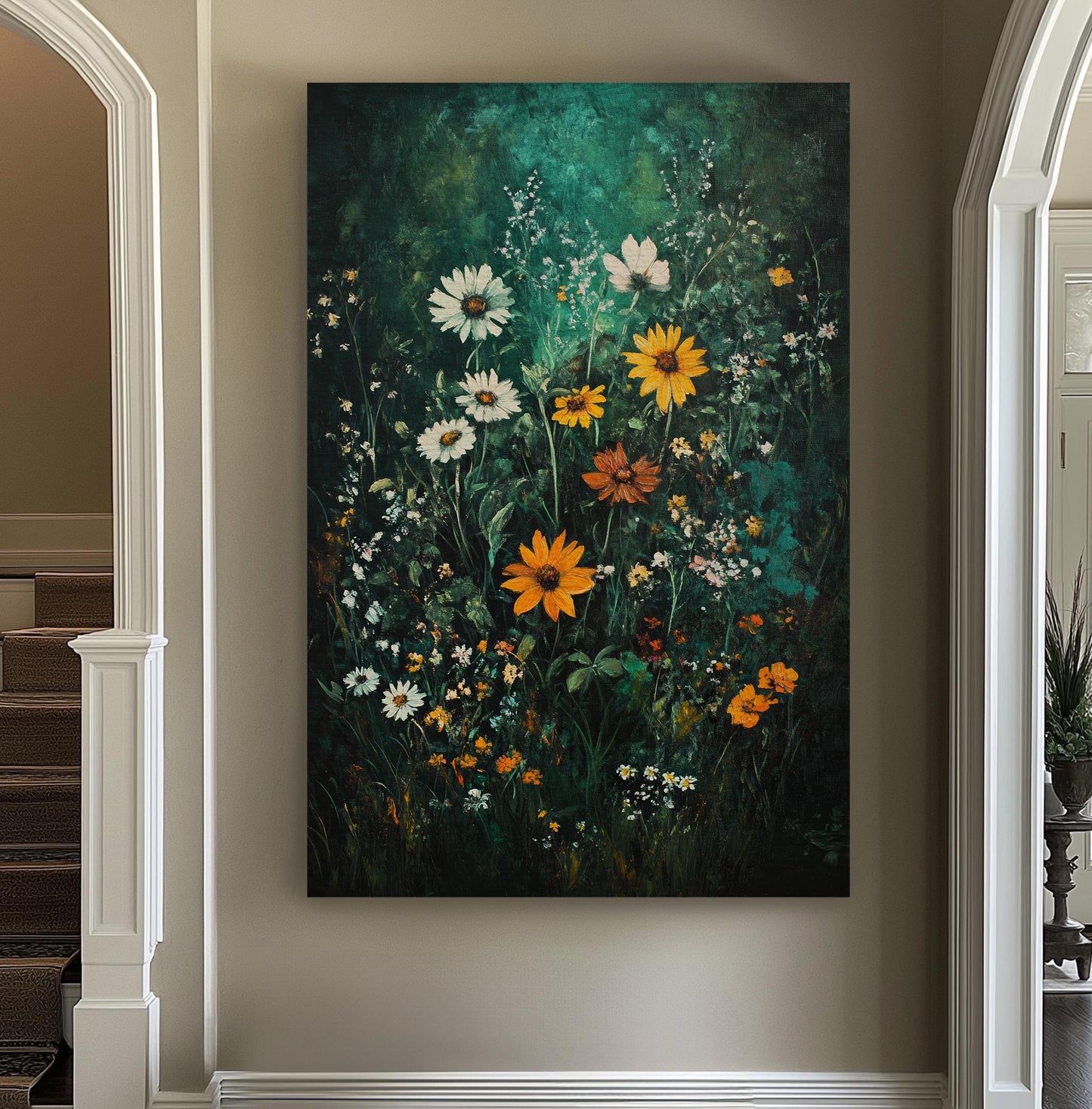 Wildflower Meadow Canvas Art | Impasto Floral Print | Bohemian Maximalist Wall Art For Living Room | Forest Green Amber Art Vertical Canvas