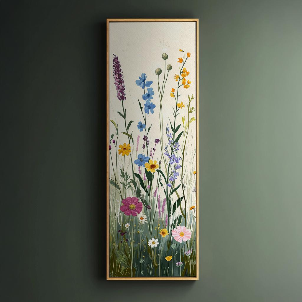 Wildflower Meadow Canvas Art | Impasto Botanical Print | Bohemian Wall Art For Living Room | Creamy Blush Art Long Vertical Art