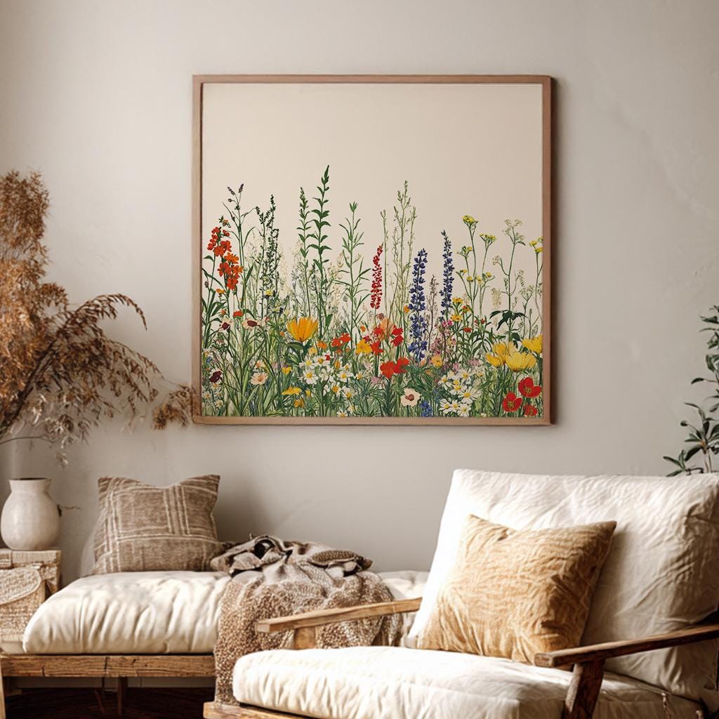 Wildflower Meadow Botanical Canvas Art | Fine Art Botanical Print | Bohemian Wall Art For Living Room Square Canvas Art