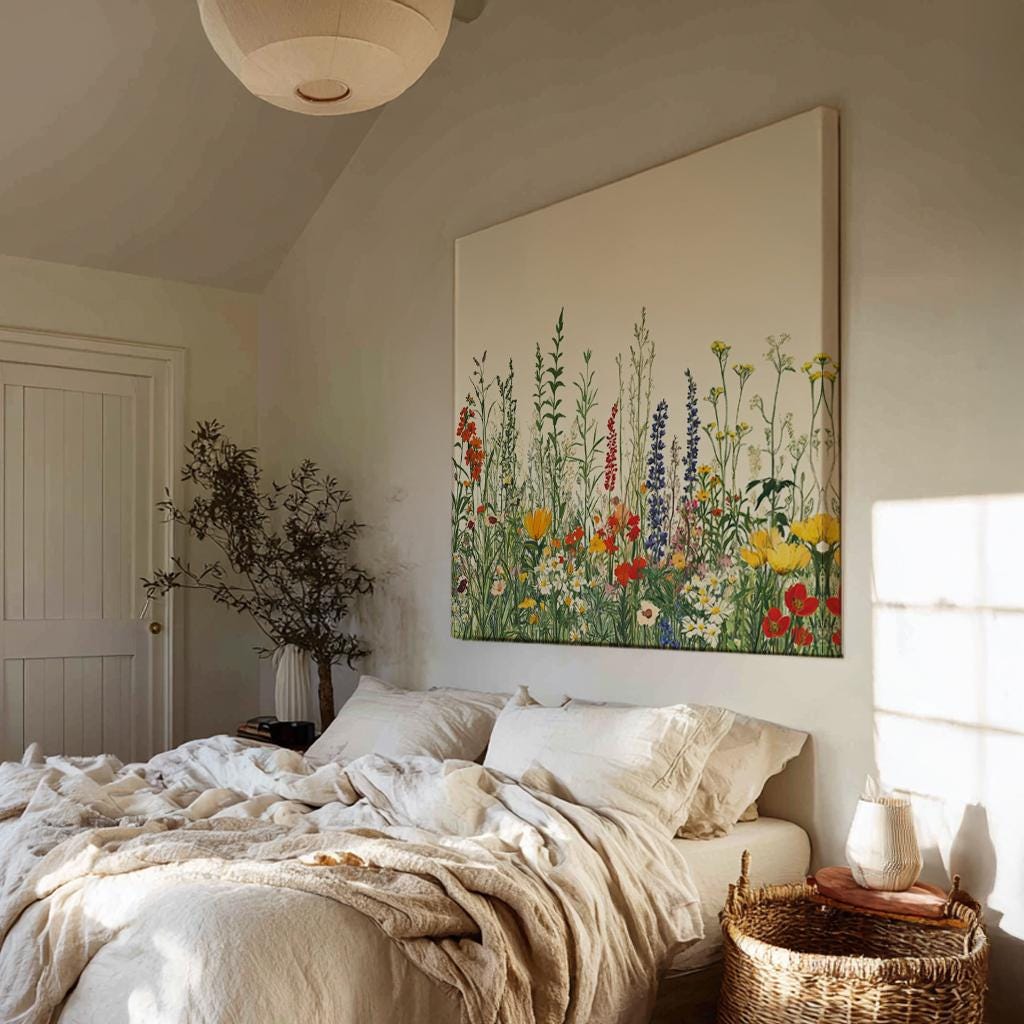 Wildflower Meadow Botanical Canvas Art | Fine Art Botanical Print | Bohemian Wall Art For Living Room Square Canvas Art