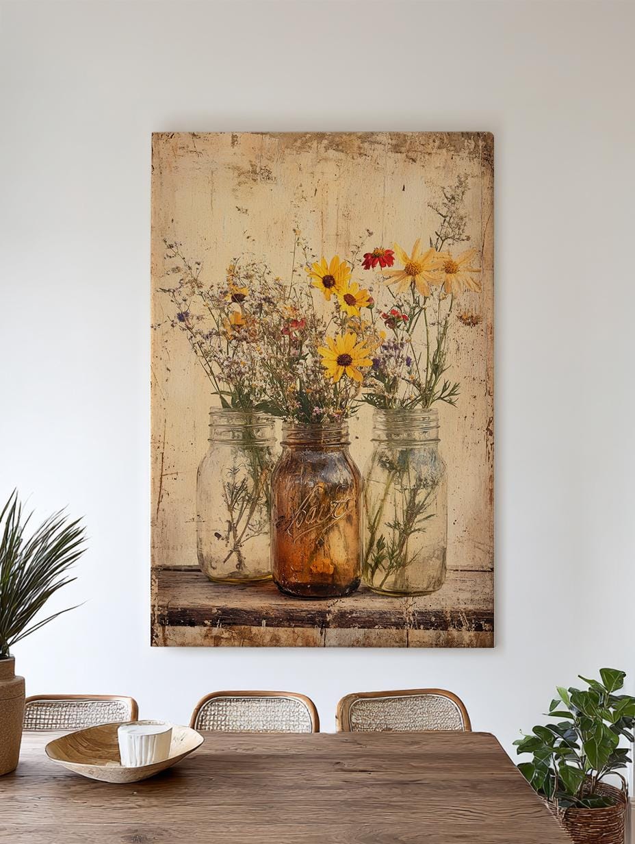 Wildflower Mason Jar Canvas Art | Vintage Botanical Print | Rustic Farmhouse Wall Art For Living Room | Amber Glass Art Vertical Canvas