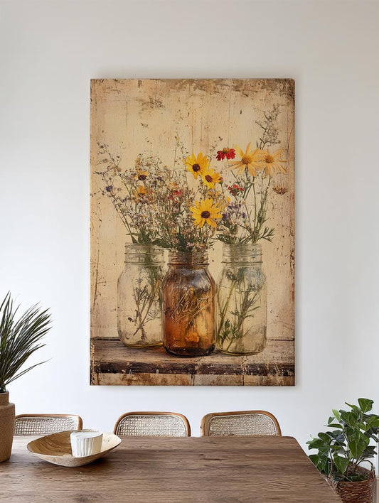 Wildflower Mason Jar Canvas Art | Vintage Botanical Print | Rustic Farmhouse Wall Art For Living Room | Amber Glass Art Vertical Canvas