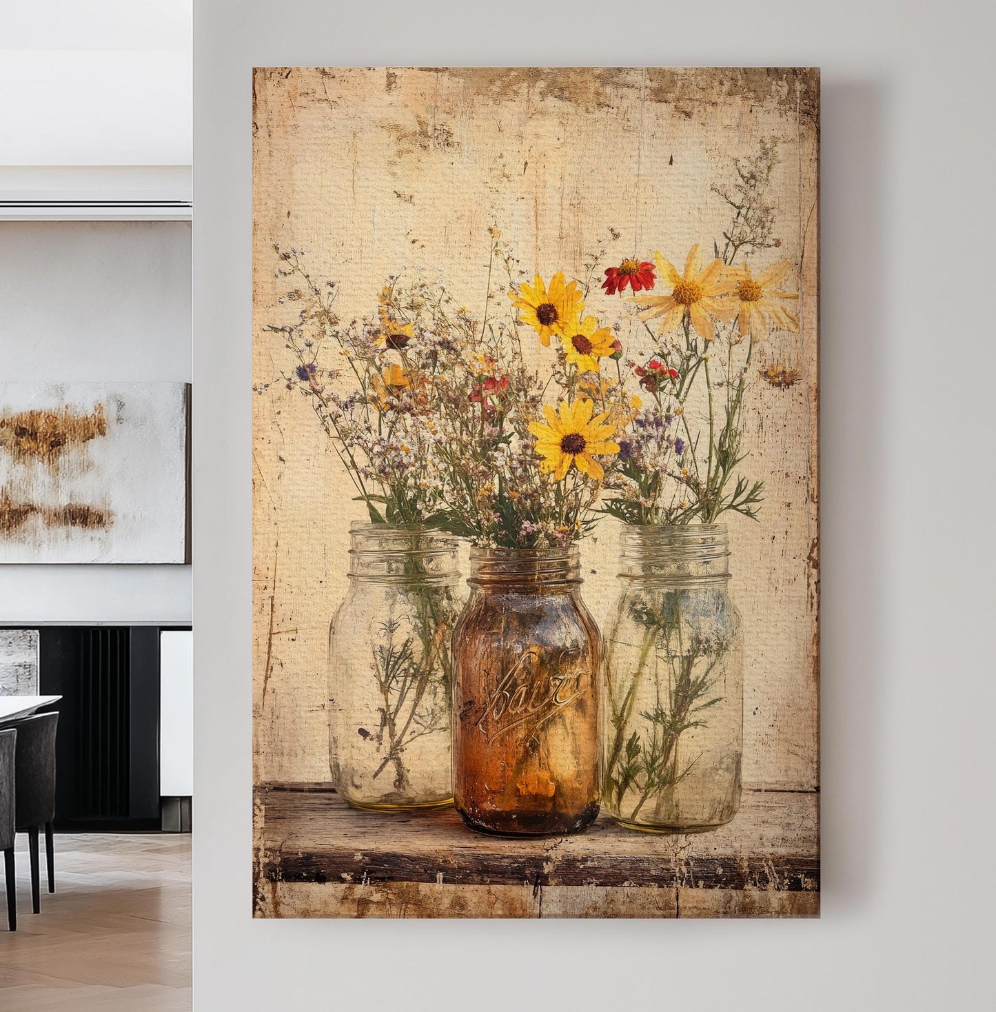 Wildflower Mason Jar Canvas Art | Vintage Botanical Print | Rustic Farmhouse Wall Art For Living Room | Amber Glass Art Vertical Canvas