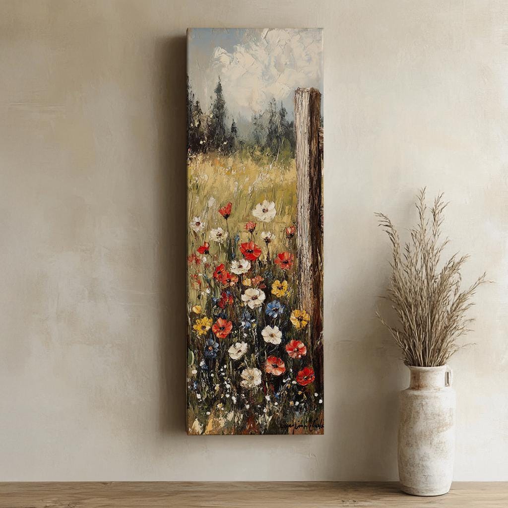 Wild Poppy Meadow Canvas Art | Impasto Oil Print | Bohemian Wall Art For Living Room | Creamy Oat Milk Art Long Vertical Art
