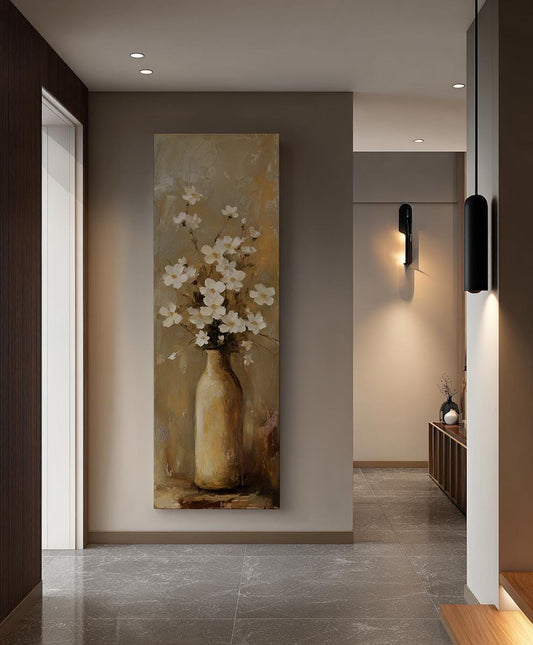 White Cosmos Floral Canvas Art | Impasto Oil Print | Bohemian Wall Art For Living Room | Creamy Beige Art Long Vertical Art