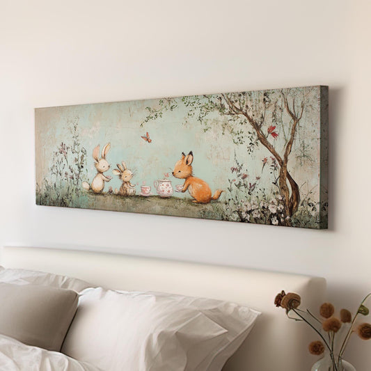 Whimsical Woodland Creatures Canvas Art | Impasto Print | Bohemian Wall Art For Nursery | Seafoam Green Art Panoramic Wall Art