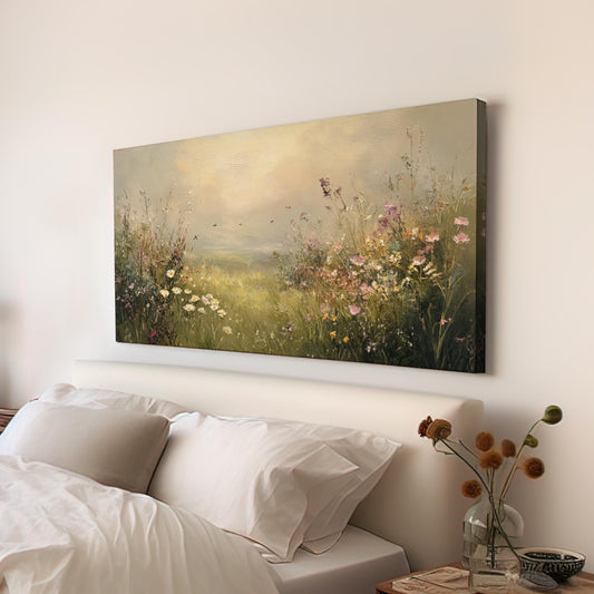 Whimsical Meadow Canvas Art | Impasto Impressionism Print | Bohemian Wall Art For Living Room | Oatmeal Cream Art Horizontal Art