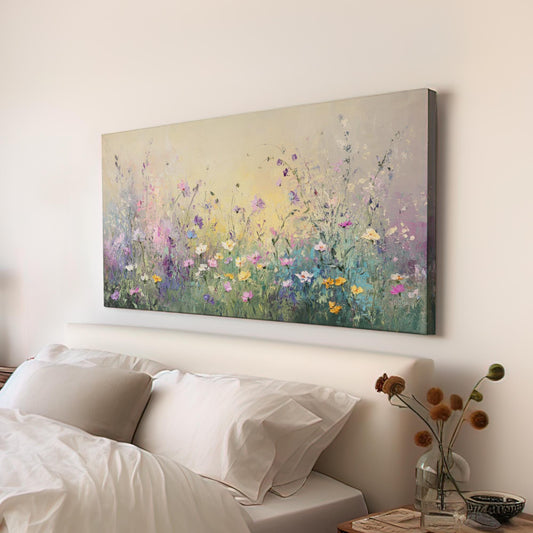 Whimsical Meadow Canvas Art | Impasto Floral Print | Bohemian Wall Art For Living Room | Blush Beige Art Horizontal Art