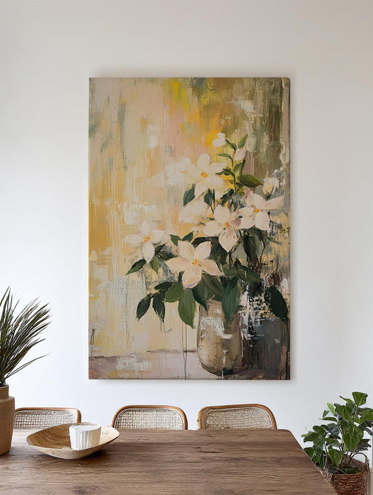Whimsical Jasmine Bouquet Canvas Art | Impasto Floral Print | Bohemian Wall Art For Living Room | Creamy Beige Art Vertical Canvas