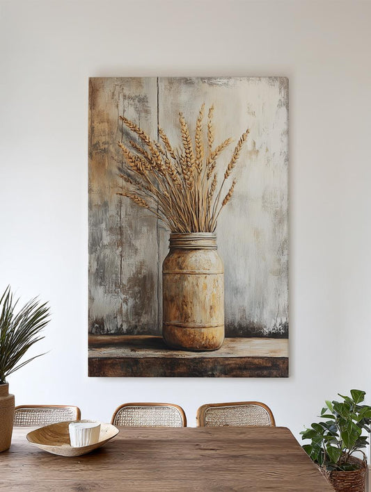 Wheat Sheaf Still Life Canvas Art | Impasto Print | French Country Wall Art For Dining Room | Sandstone Oatmeal Art Vertical Canvas
