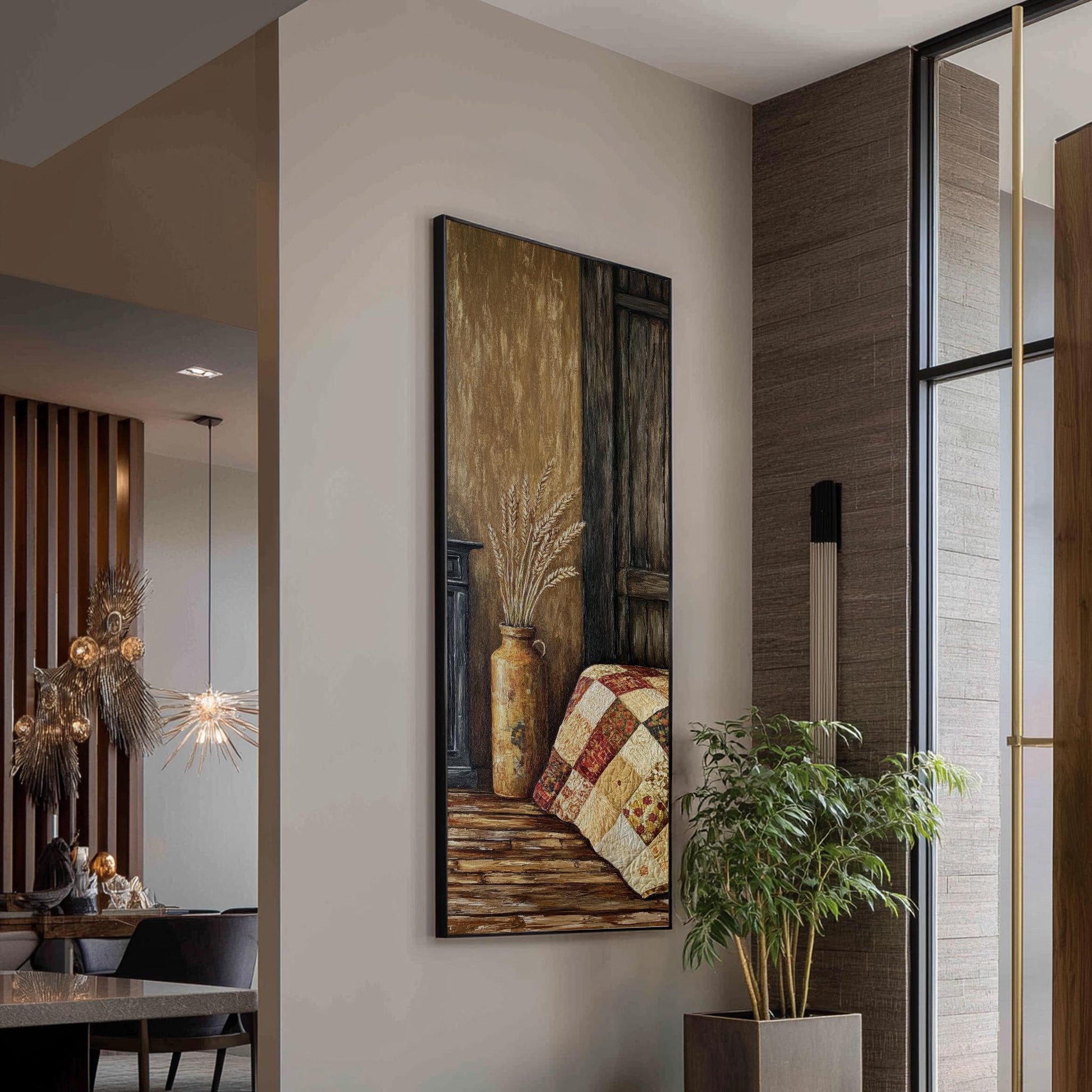 Wheat Sheaf Still Life Canvas Art | Impasto Painting Print | Bohemian Farmhouse Wall Art For Bedroom | Honeycomb Clay Art Long Vertical Art