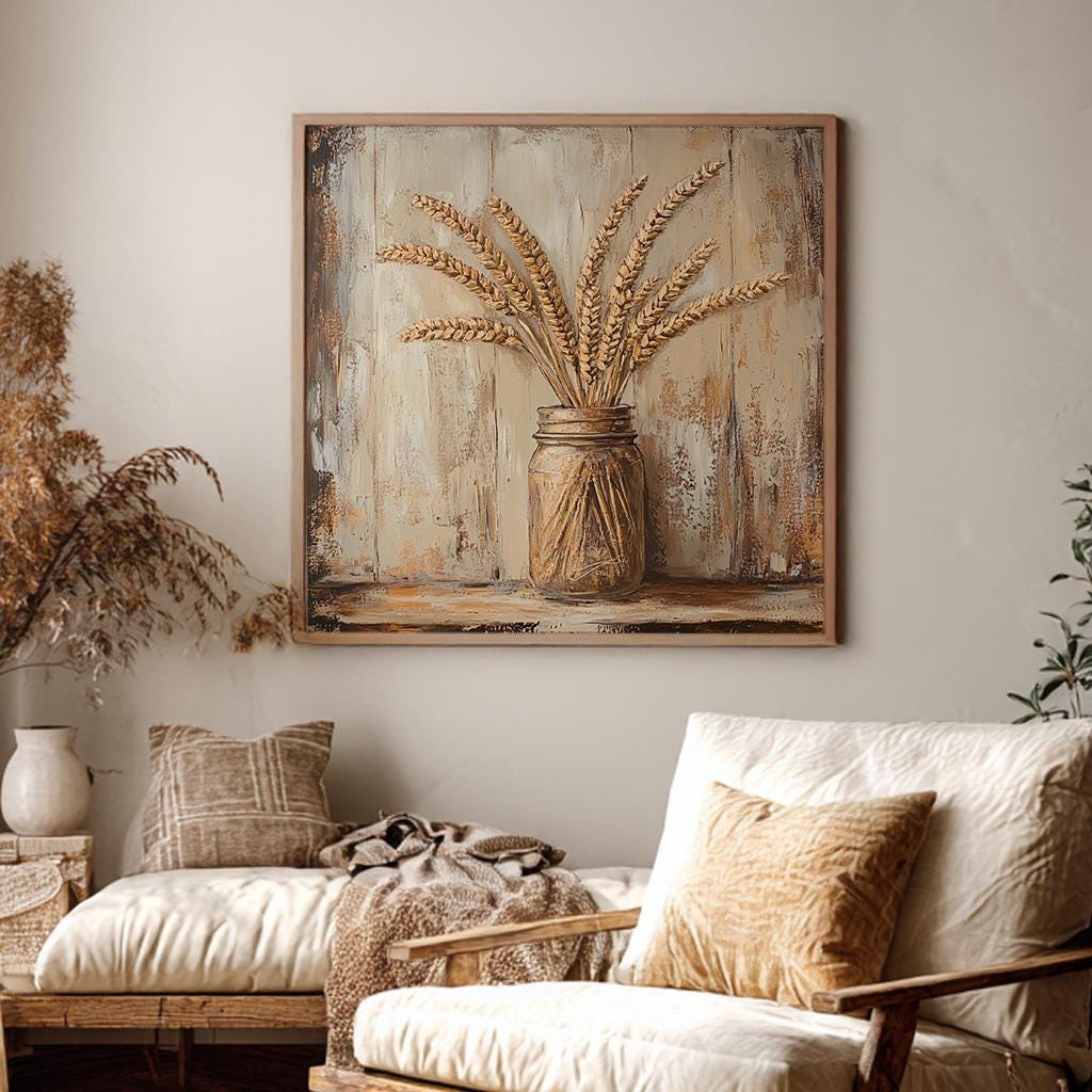 Wheat Sheaf Impasto Canvas Art | Textural Palette Knife Print | Bohemian Farmhouse Wall Art For Living Room Square Canvas Art