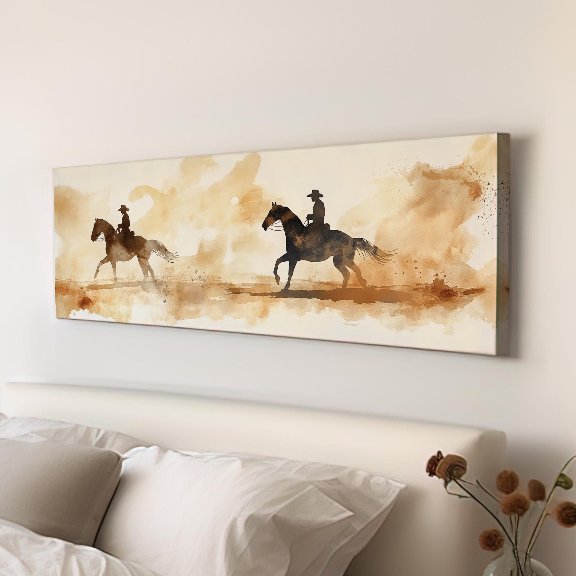 Western Equestrian Canvas Art | Watercolor Silhouette Print | Bohemian Ranch Wall Art For Living Room | Desert Sand Art Panoramic Wall Art