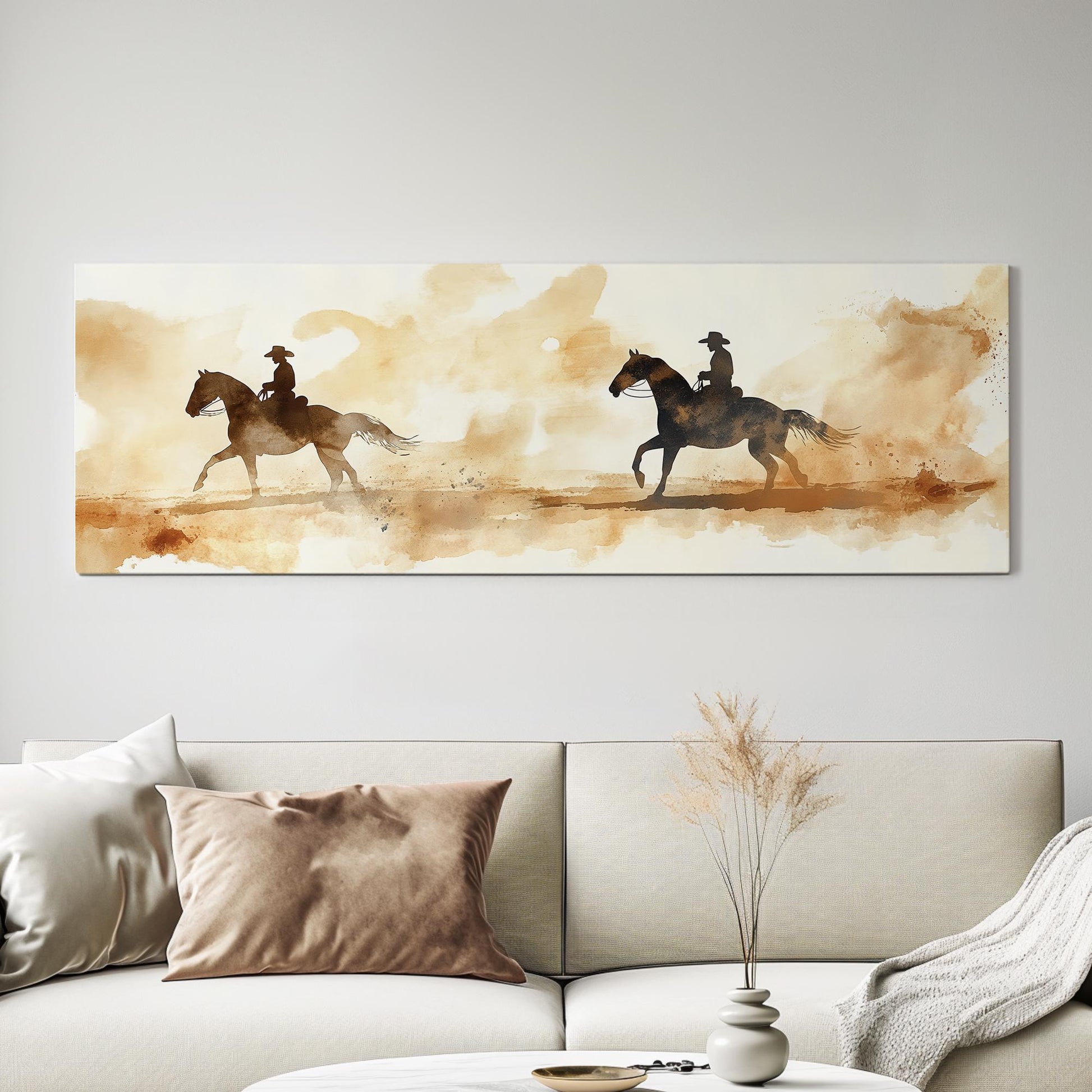 Western Equestrian Canvas Art | Watercolor Silhouette Print | Bohemian Ranch Wall Art For Living Room | Desert Sand Art Panoramic Wall Art